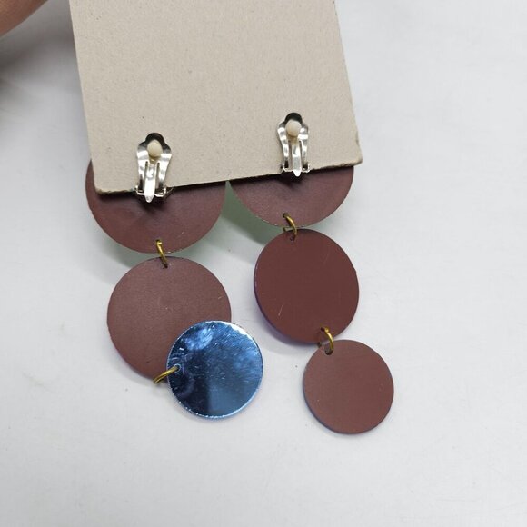 Vintage 1980s Green Purple Blue Acrylic Disc Dangle Earrings Clip-On Retro - Picture 4 of 7